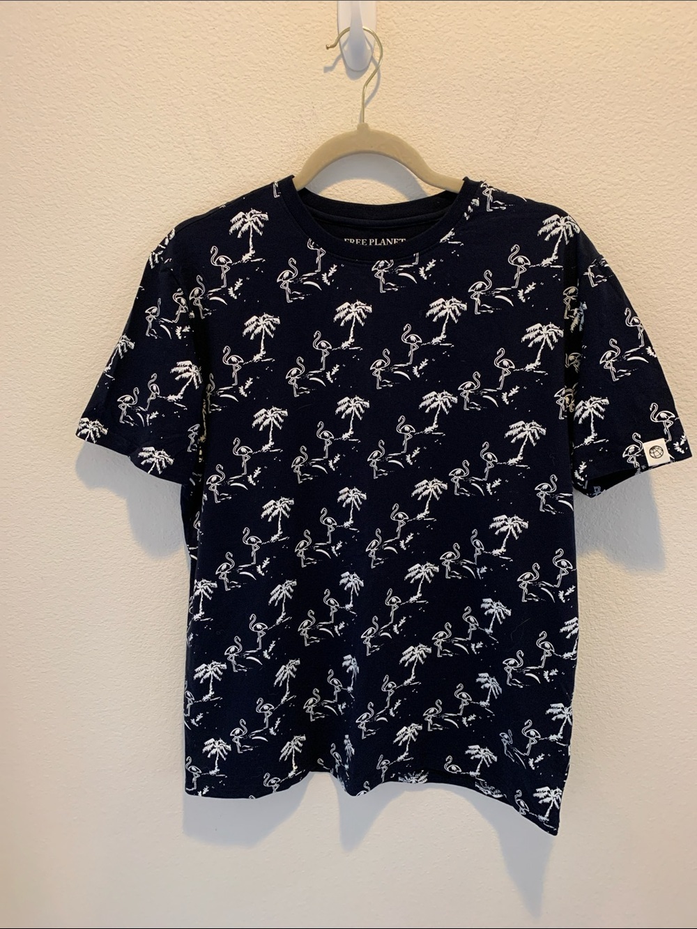 Free Planet Navy Short Sleeve Tee with White Flamingo & Palm Print